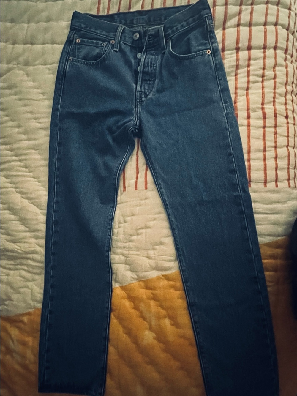Levi's blue denim 501 jeans with leather patch